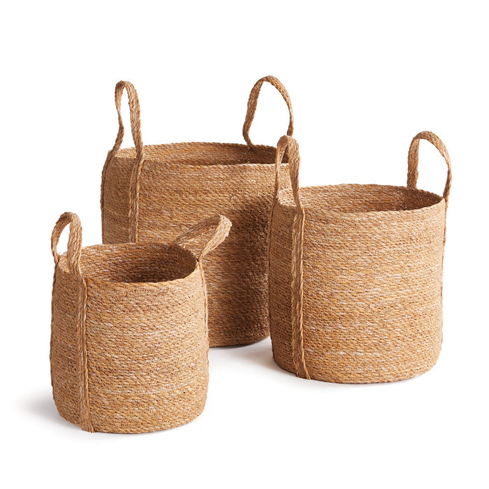 Set of Three Seagrass Round Baskets with Long Handles - The Well Appointed House