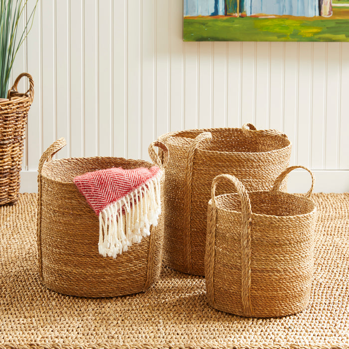 Set of Three Seagrass Round Baskets with Long Handles - The Well Appointed House
