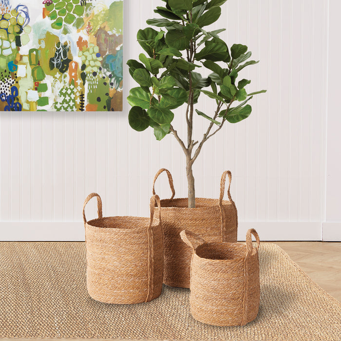 Set of Three Seagrass Round Baskets with Long Handles - The Well Appointed House