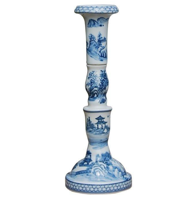 Set of Two Blue and White Chinoiserie Porcelain Candle Stand - Candlesticks & Candles - The Well Appointed House
