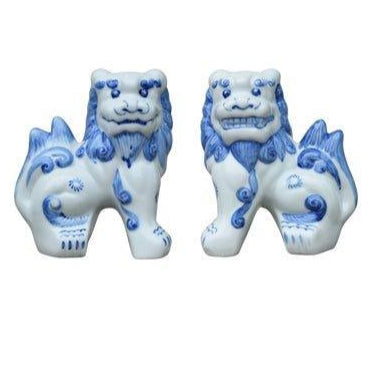 Set of Two Blue and White Porcelain Foo Dog Statues - Decorative Objects - The Well Appointed House