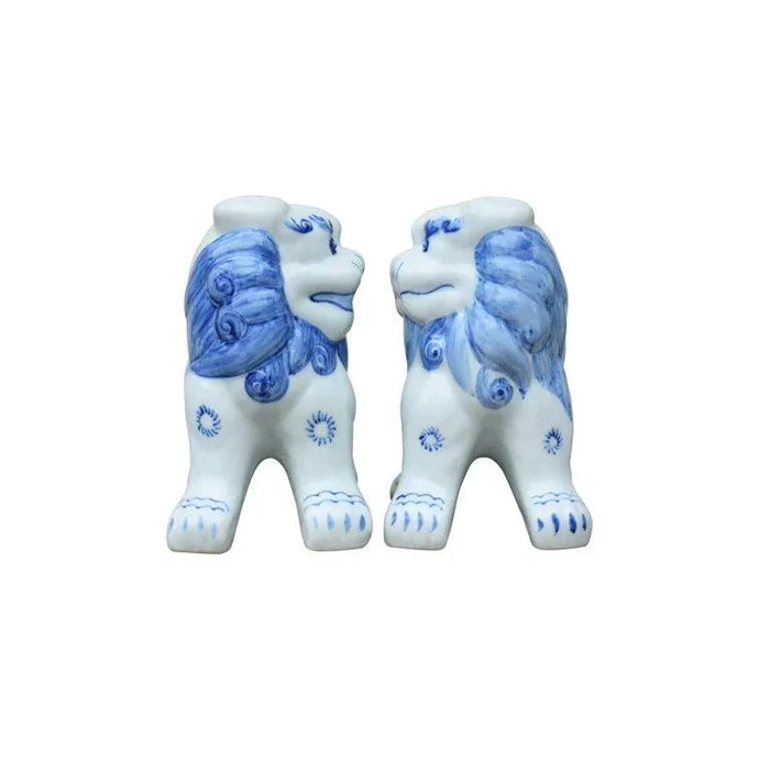 Set of Two Blue and White Porcelain Foo Dog Statues - Decorative Objects - The Well Appointed House