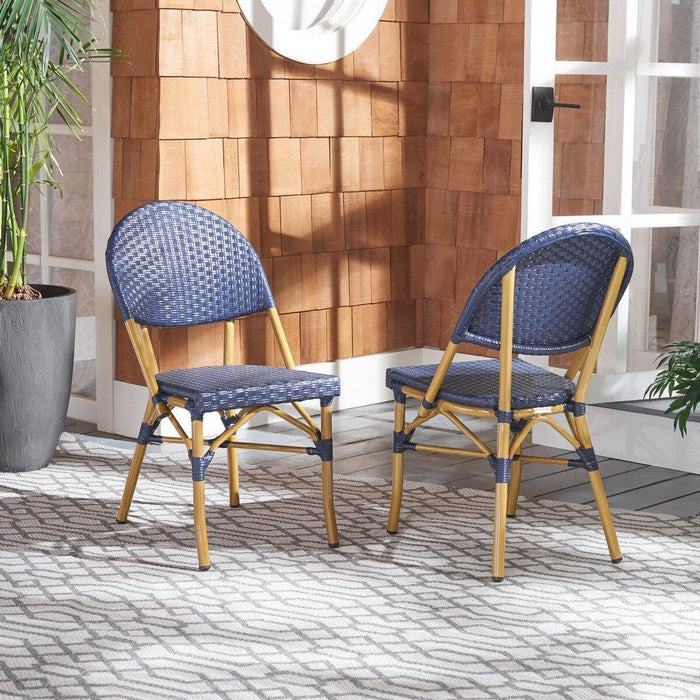 Set of Two Blue PE Wicker & Faux Bamboo Indoor-Outdoor Bistro Chairs - Outdoor Dining Tables & Chairs - The Well Appointed House