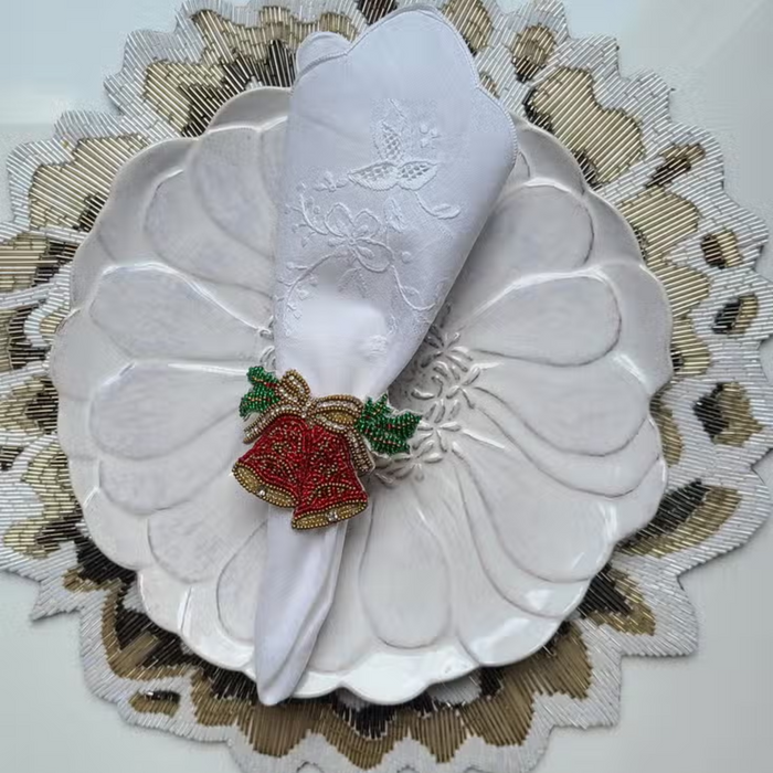 Set of Two Fully Beaded Christmas Bells Napkin Rings - The Well Appointed House