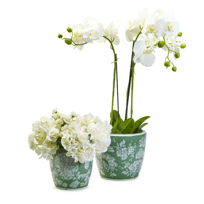 Set of Two Green & White Countryside Cachepots / Vases - Indoor Planters - The Well Appointed House