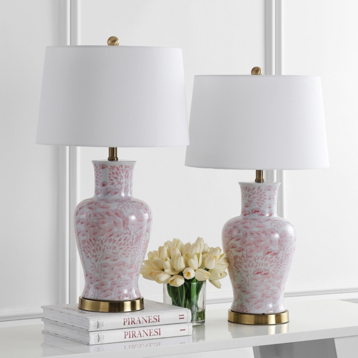 Set of Two Pink Floral Ceramic Table Lamps