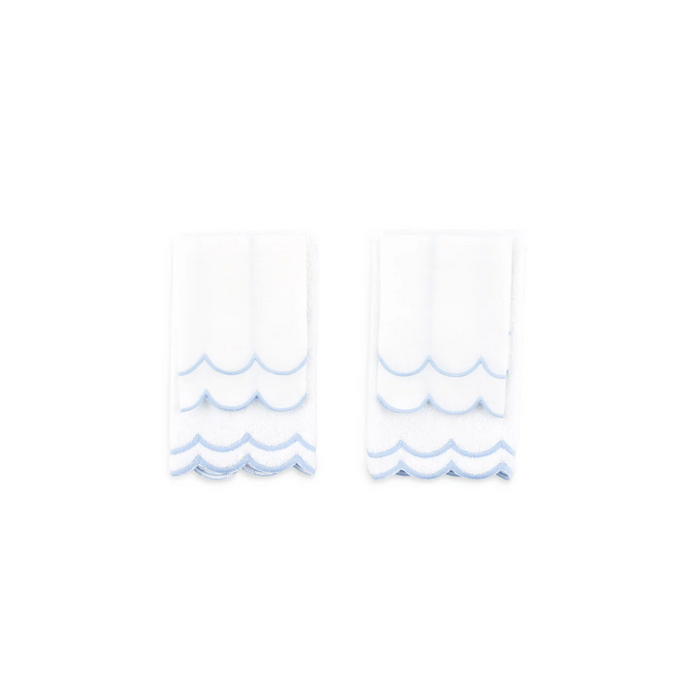 Set of White Scalloped Edge Embroidered Cotton Guest Towels- Available With Pink, Blue Or Green Trim