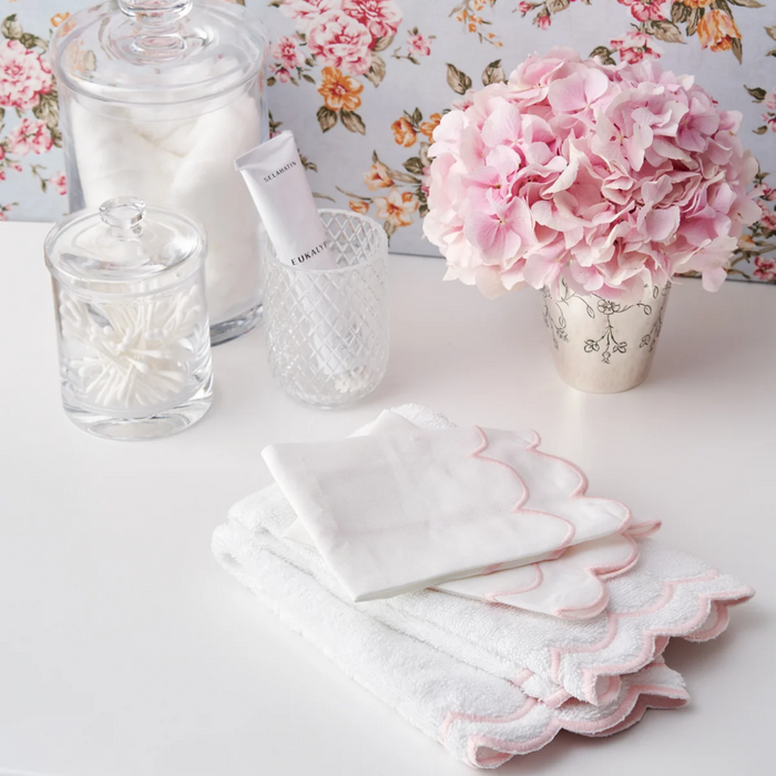Set of White Scalloped Edge Embroidered Cotton Guest Towels- Available With Pink, Blue Or Green Trim