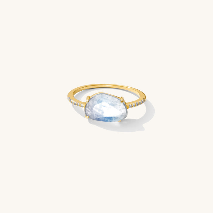 She's a Gem ring with a raw faceted moonstone set on a sparkling pavé band
