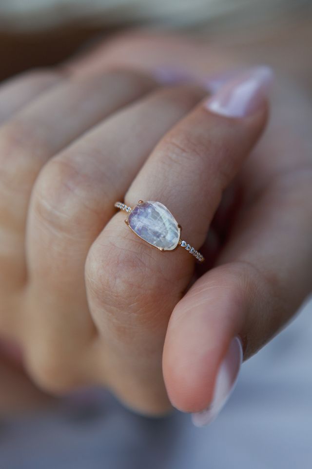 Raw moonstone centerpiece on the pavé band of the She's a Gem ring