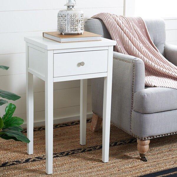 Side Table With Storage Drawer in White With Silver Accents - Side & Accent Tables - The Well Appointed House