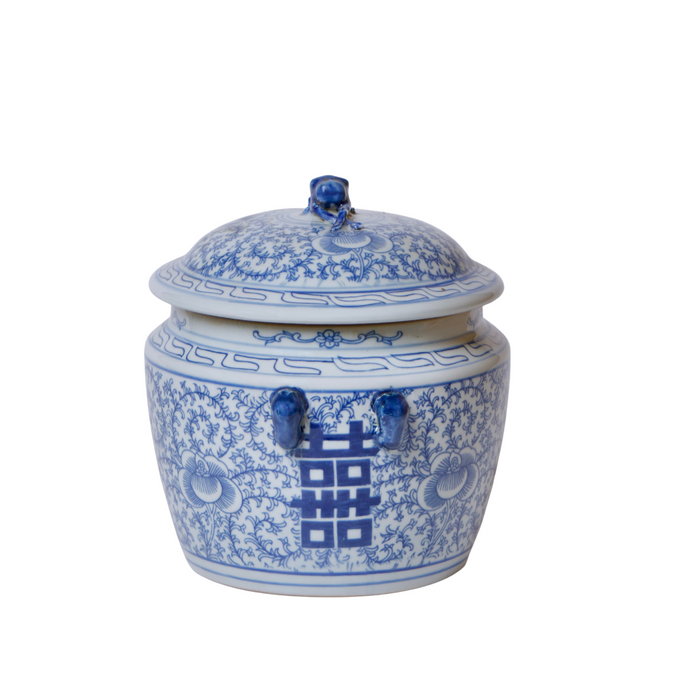 Small Blue and White Porcelain Double Happiness Lug Jar - The Well Appointed House