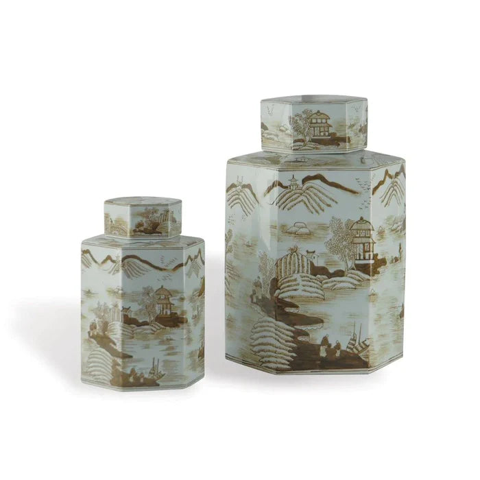 Small Brown on White Porcelain Tea Jar with Asian Pastoral Scene - Vases & Jars - The Well Appointed House