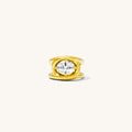 The gold Solitaire Love Knot ring, two bands twisting around a center stone
