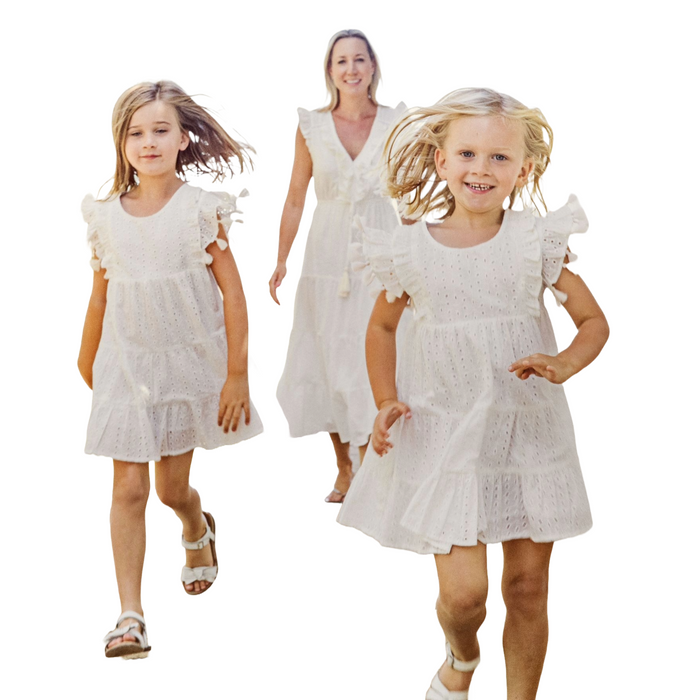 Sophie Girl's Tassel Dress in White Eyelet - The Well Appointed House