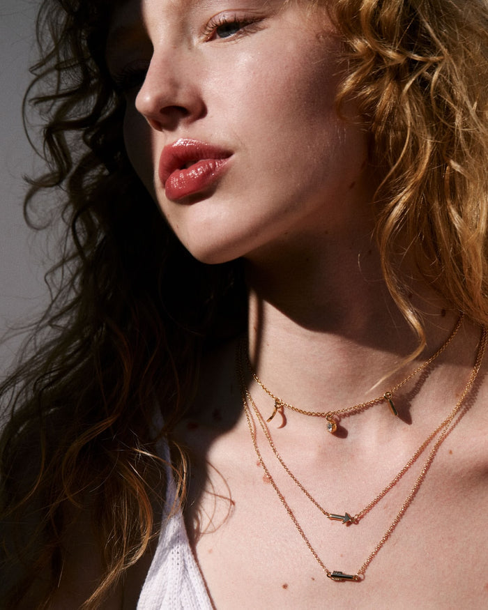 Bryan Anthonys Soul Sisters Best Friend Arrow Gold Necklace on model