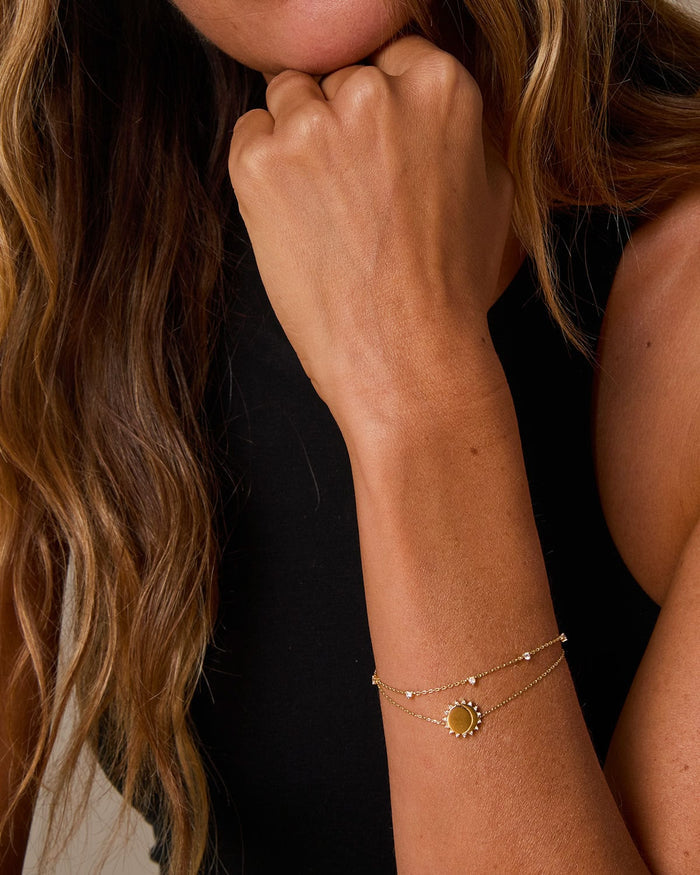 Bryan Anthonys Squad Dainty Bracelet on Model in Gold
