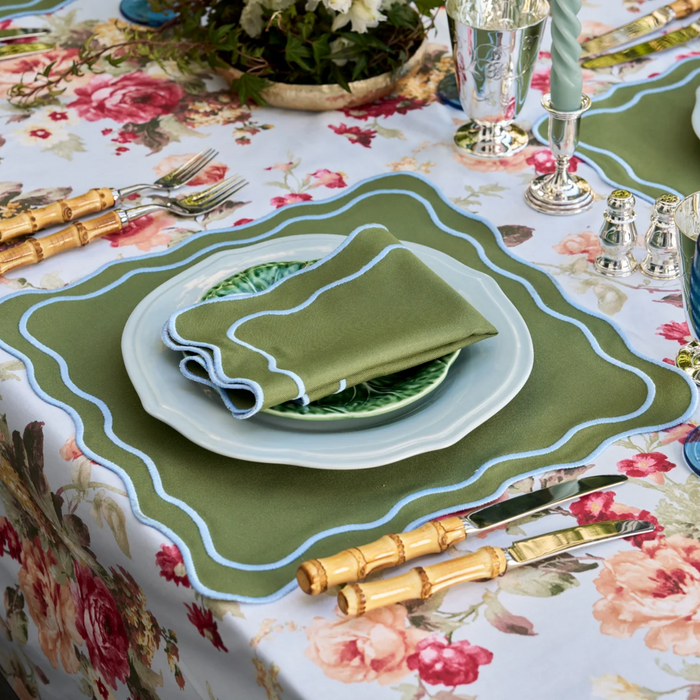Square Green Linen Placemat With Light Blue Trim - The Well Appointed House