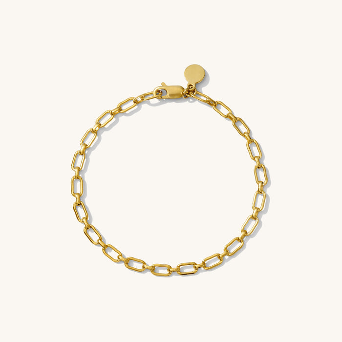 Close up of a gold link bracelet on a white background