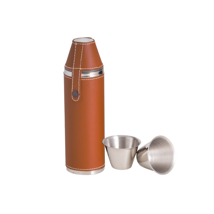 Stainless Steel & Tan Leather Cylinder Flask - The Well Appointed House