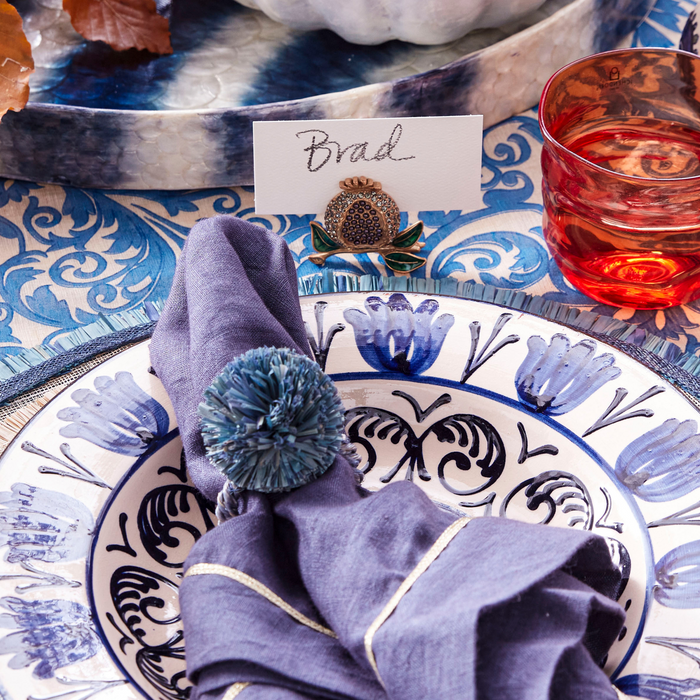 Straw Pompom Napkin Rings, Indigo, Set of Four - The Well Appointed House