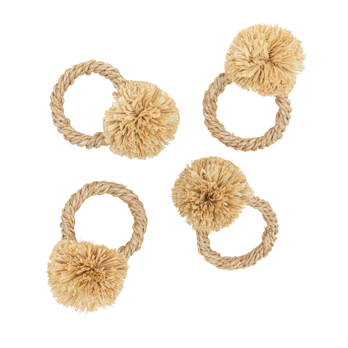 Straw Pompom Napkin Rings, Natural, Set of Four - The Well Appointed House