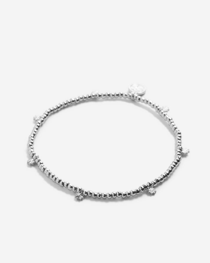 Close-up of Strength Beaded Icon Bracelet in silver finish