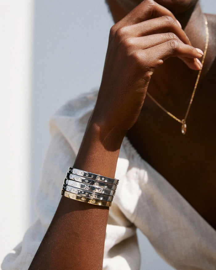 Bryan Anthonys Strength Gold Hinged Bracelet with Crystals On Model
