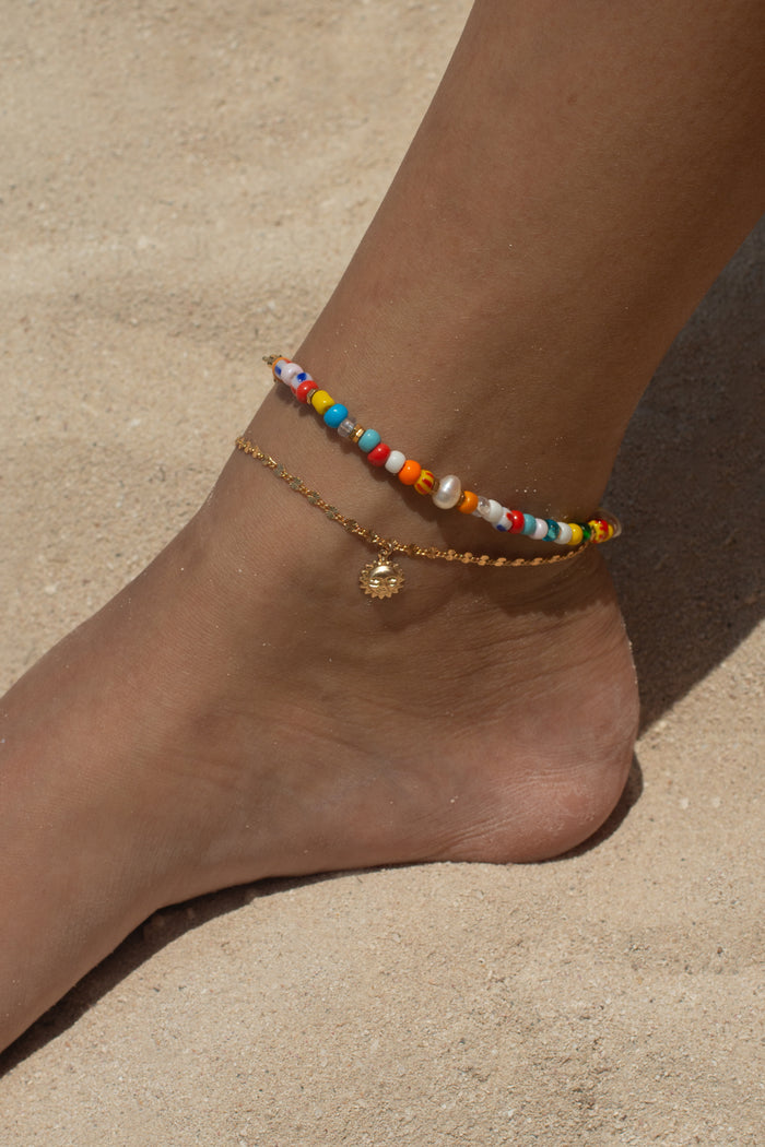 The Summer Love anklet, a bright gemstone bead design made for warm weather