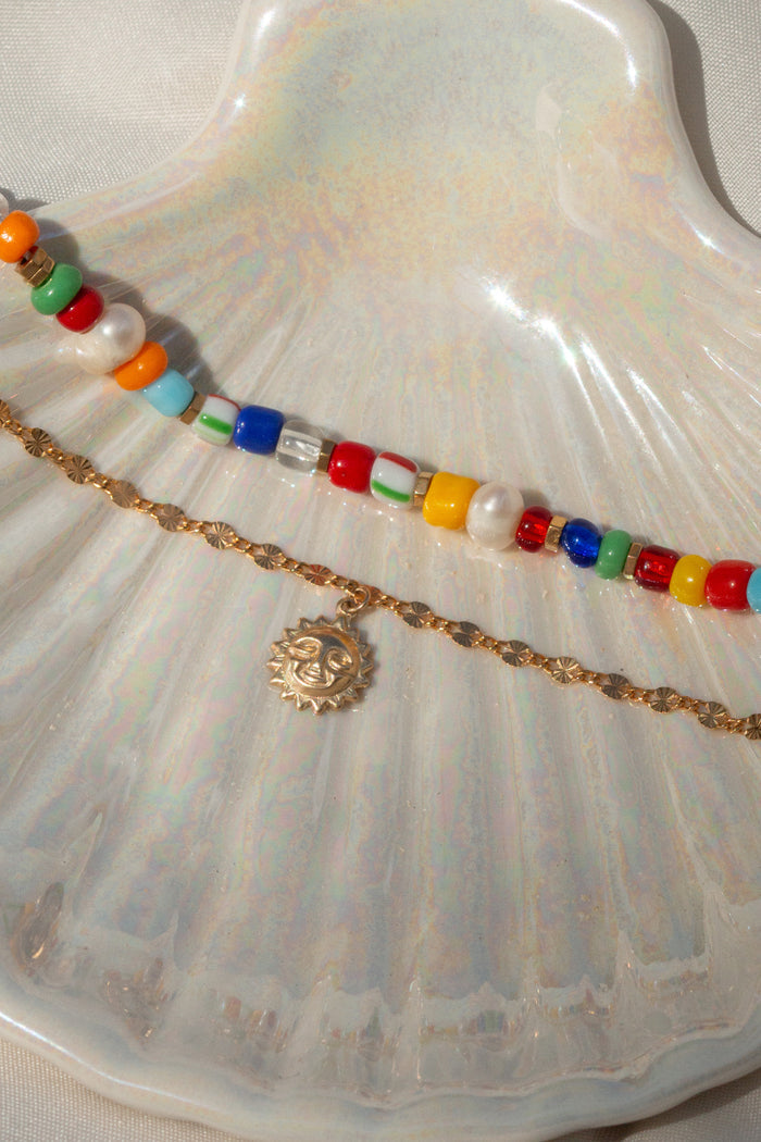 Close view of the multicolored gemstone beads along the Summer Love anklet