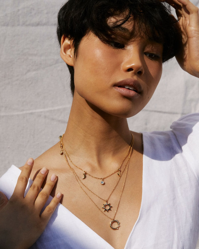 Bryan Anthonys Sun Will Rise Gold Necklace with crystals on model