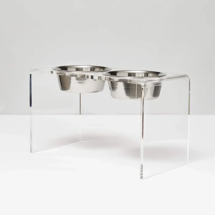 Tall Clear Double Dog Bowl Feeder with Silver Bowls - Pet Accessories - The Well Appointed House
