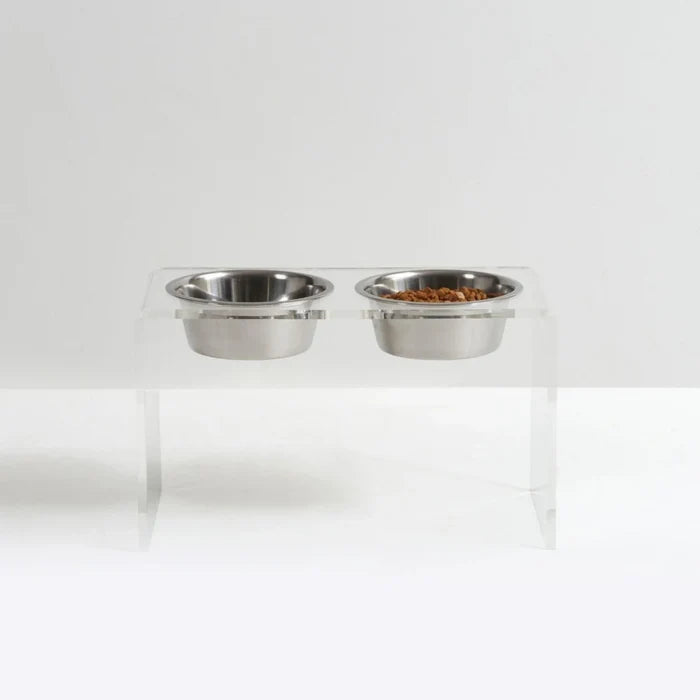 Tall Clear Double Dog Bowl Feeder with Silver Bowls - Pet Accessories - The Well Appointed House