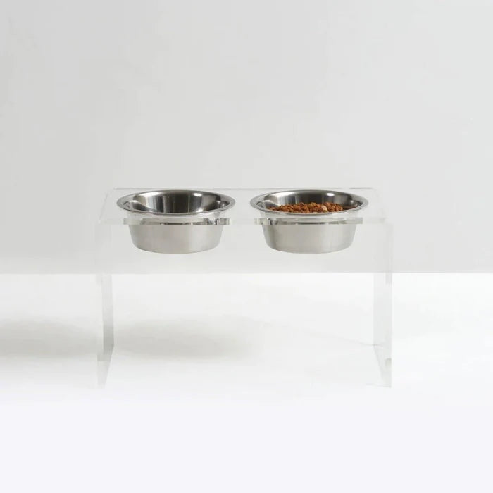 Tall Clear Double Dog Bowl Feeder with Silver Bowls - Pet Accessories - The Well Appointed House