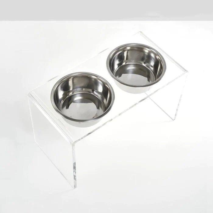 Tall Clear Double Dog Bowl Feeder with Silver Bowls - Pet Accessories - The Well Appointed House