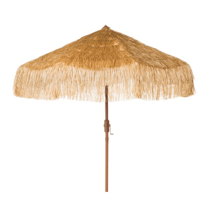 Tan Tropical Tiki Outdoor Crank Umbrella With Fringe - Outdoor Umbrellas - The Well Appointed House