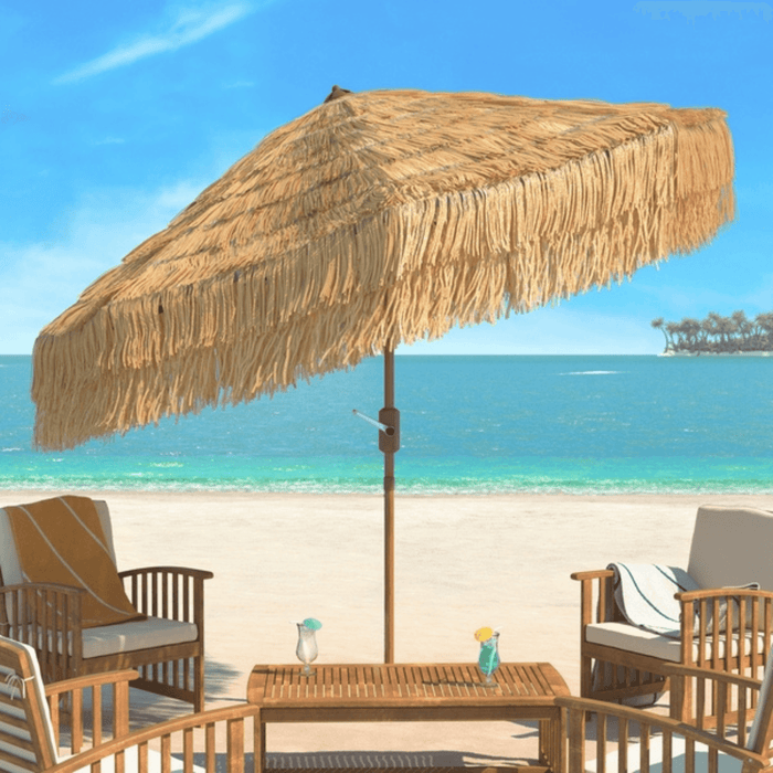Tan Tropical Tiki Outdoor Crank Umbrella With Fringe - Outdoor Umbrellas - The Well Appointed House