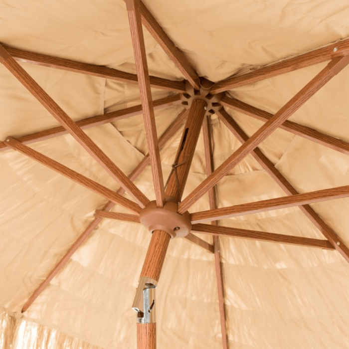 Tan Tropical Tiki Outdoor Crank Umbrella With Fringe - Outdoor Umbrellas - The Well Appointed House