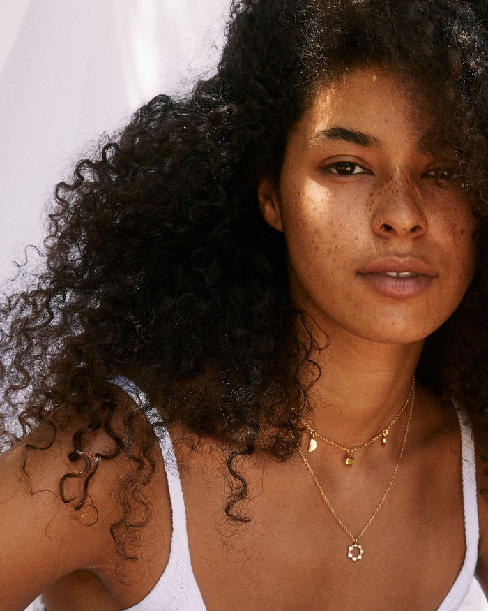 Bryan Anthonys Teacher Gold Necklace with Crystals on model