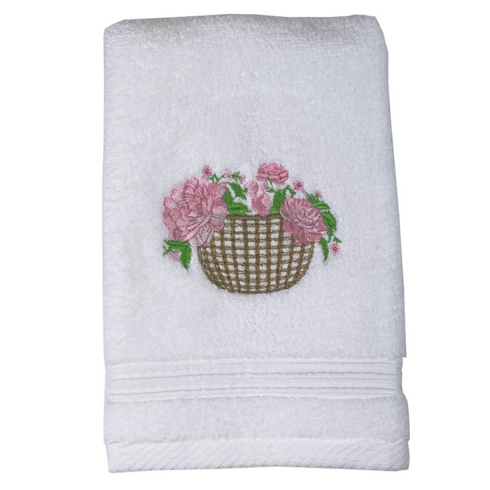 Terry Guest Towel With Embroidered Basket of Pink Peonies - The Well Appointed House