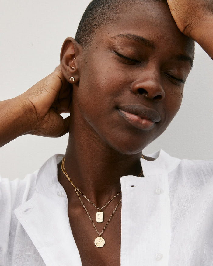 Bryan Anthonys To The Moon and Back Gold Necklace with Crystal on model