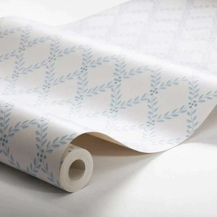 Schumacher Trellis Leaves Wallpaper in Blue - Wallpaper - The Well Appointed House