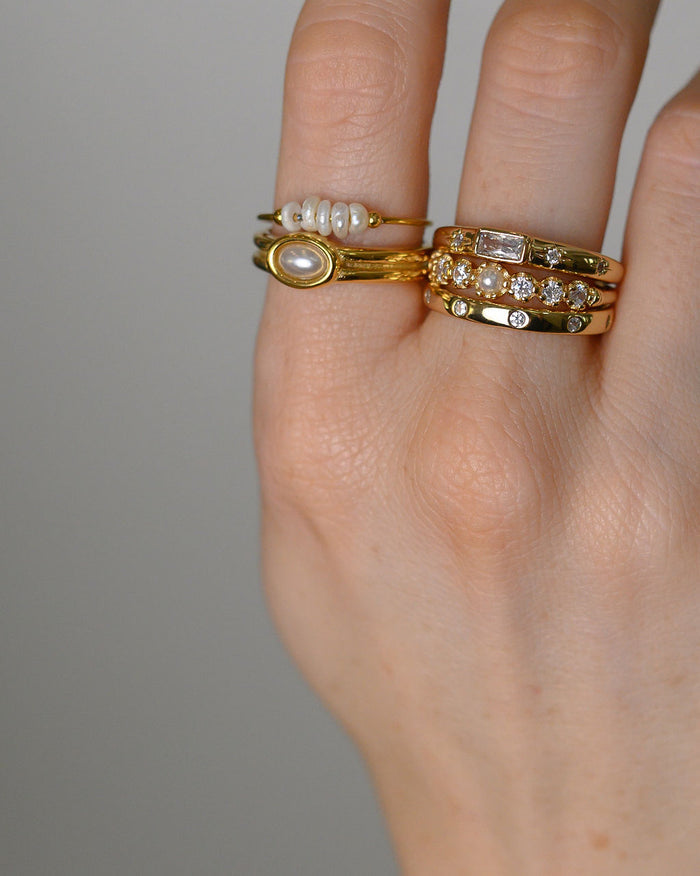 The gold Vintage Pearl ring from Beads by Tara, shown on a white background