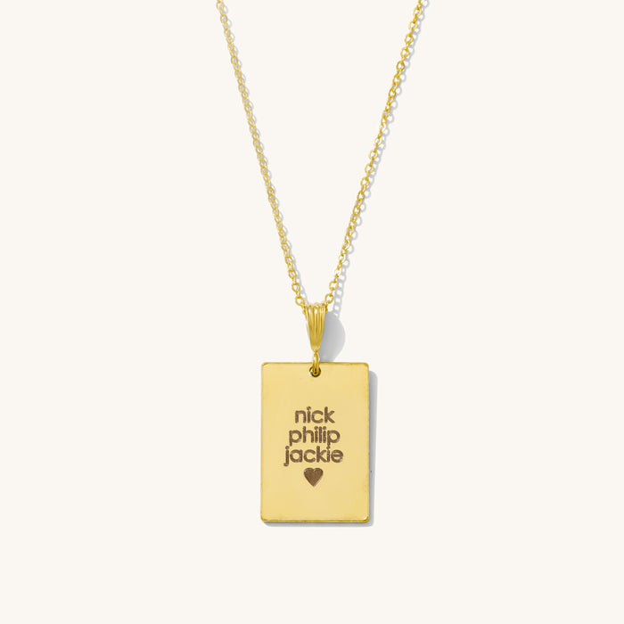 The Walker necklace with a rectangular engraved pendant in 14k gold fill