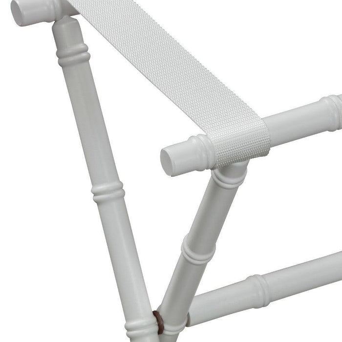 White Bamboo Inspired Wood Luggage Rack with 3 White Nylon Straps - End of Bed - The Well Appointed House