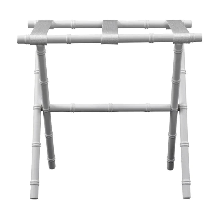 White Bamboo Inspired Wood Luggage Rack with 3 White Nylon Straps - End of Bed - The Well Appointed House