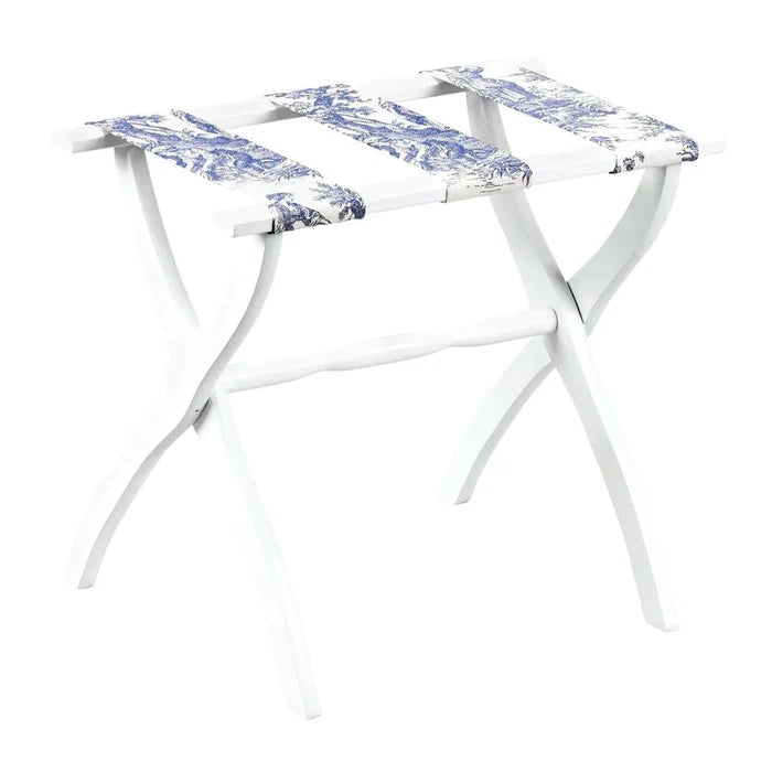White Contour Leg Wood Luggage Rack With 3 Blue Toile Straps - End of Bed - The Well Appointed House