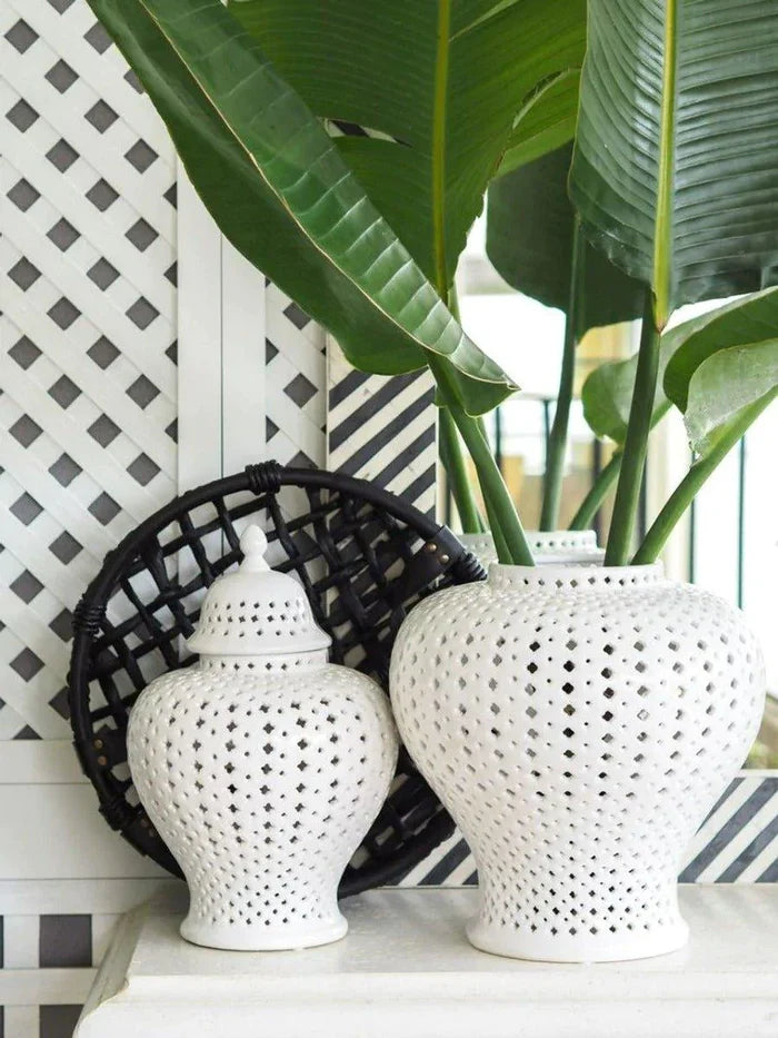 White Lattice Porcelain Lidded Ginger Jar - Vases & Jars - The Well Appointed House