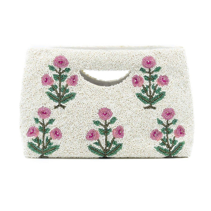 White & Pink Beaded Floral Motif Handbag With Gusset - Gifts for Her - The Well Appointed House