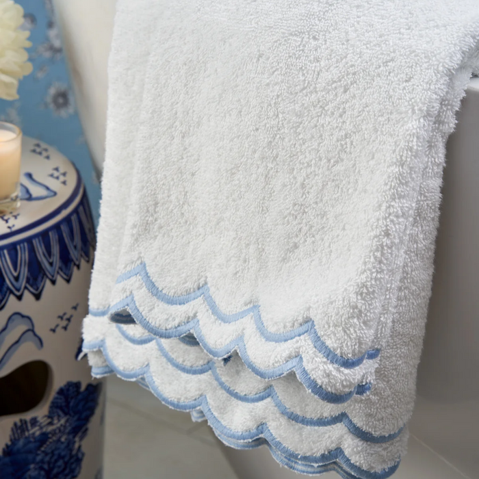 White Scalloped Edge Cotton Bath Sheet With Light Blue Trim - The Well Appointed House